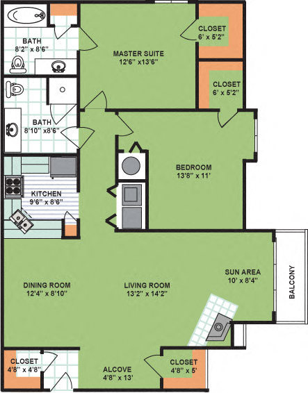 Floor plan for 2 beds, 2 baths, 1310 sqft